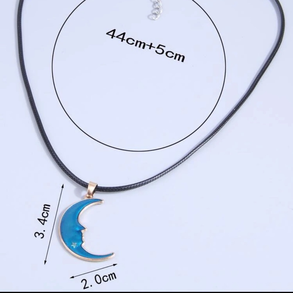 Celestial Moon Face Pendant Necklace โ Blue Crescent Charm on Black Cord - Picture 3 of 5